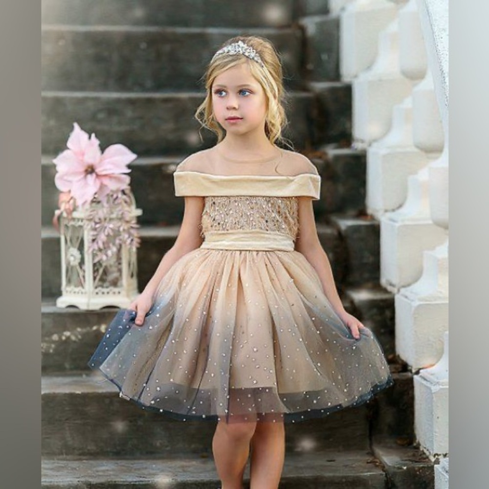 Think Pink Bows | Girls Mesh‎ Shoulder/Off-Shoulder Beige and Navy Blue Dress